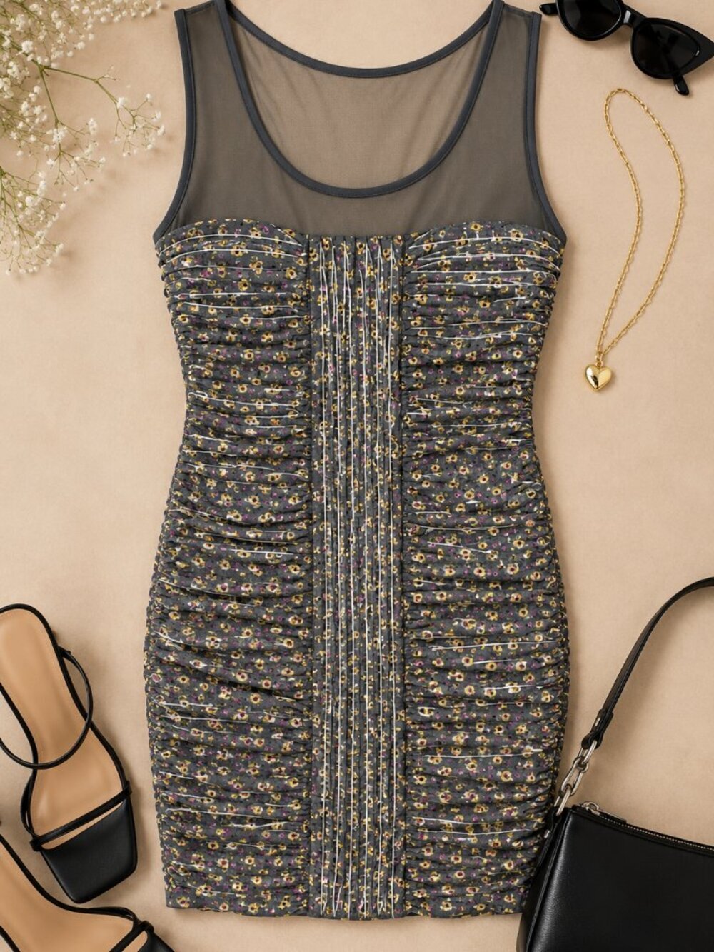 Free People Floral Mesh Bodycon Mini Dress Size Small Ruched Sheer Y2K